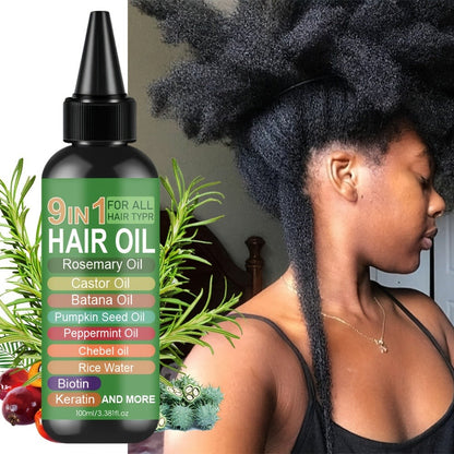 Rosemary 9-in-1 Hair and Scalp Oil, 100ml Nozzle Bottle with Rice Water, Batana, Castor and Biotin Labels