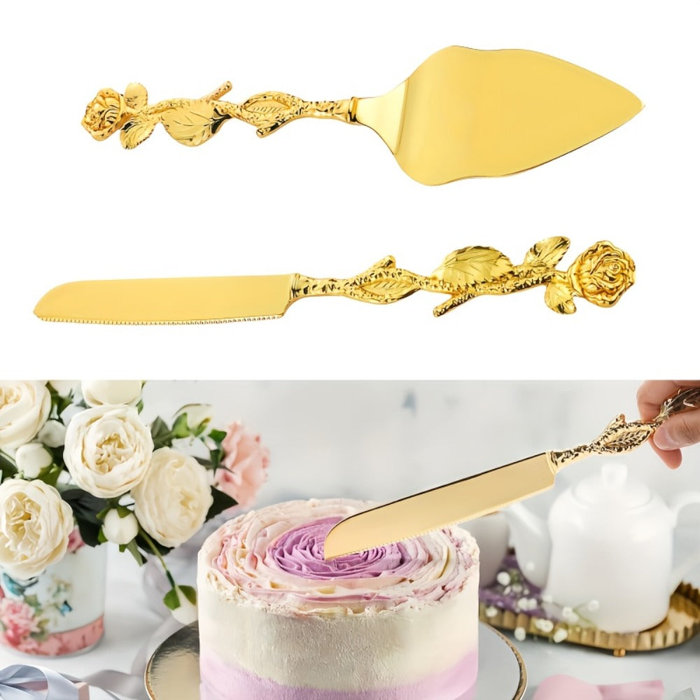Cake Knife and Spatula Set with Rose Handle – Silver-Plated Dessert Server Gift Box Set for Wedding, Birthday & Party