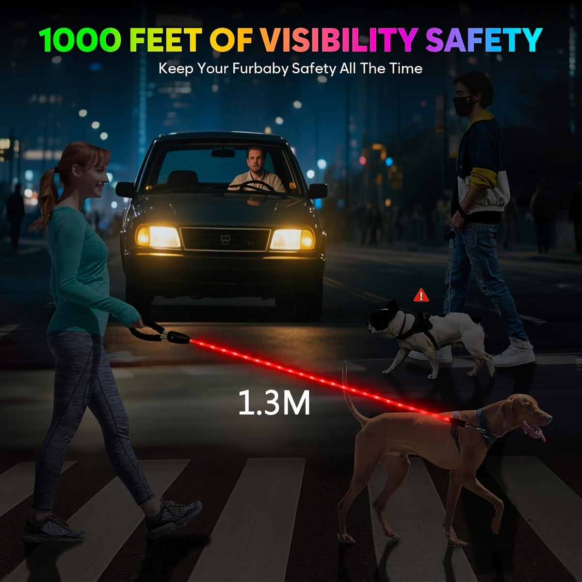 Four-Foot LED Dog Leash in White with Rechargeable Light Strip and Seven Pictured Lighting Modes