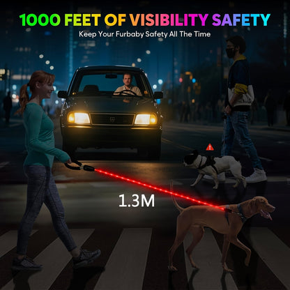 Four-Foot LED Dog Leash in White with Rechargeable Light Strip and Seven Pictured Lighting Modes