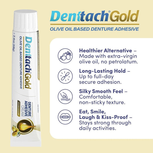Denture Adhesive Cream – Olive Oil-Based All-Day Secure Hold for Full & Partial Dentures, Zinc-Free Petroleum-Free Non-Glue Cushion Soft Reliner, Tightens Loose Dentures, 2.4oz Natural Formula