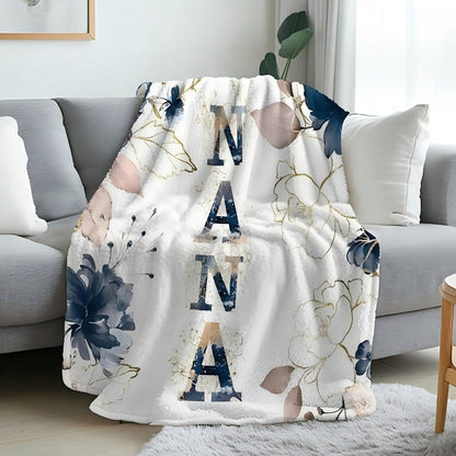 NANA Floral Letter Print Flannel Blanket in White with 30 x 40, 40 x 50 or 50 x 60-Inch Size Options