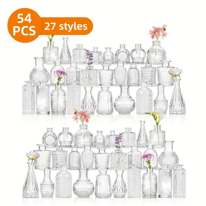 Clear Glass Bud Vase Assortment in 12-, 18-, 30-, 54- or 64-Piece Sets for Wedding and Table Displays