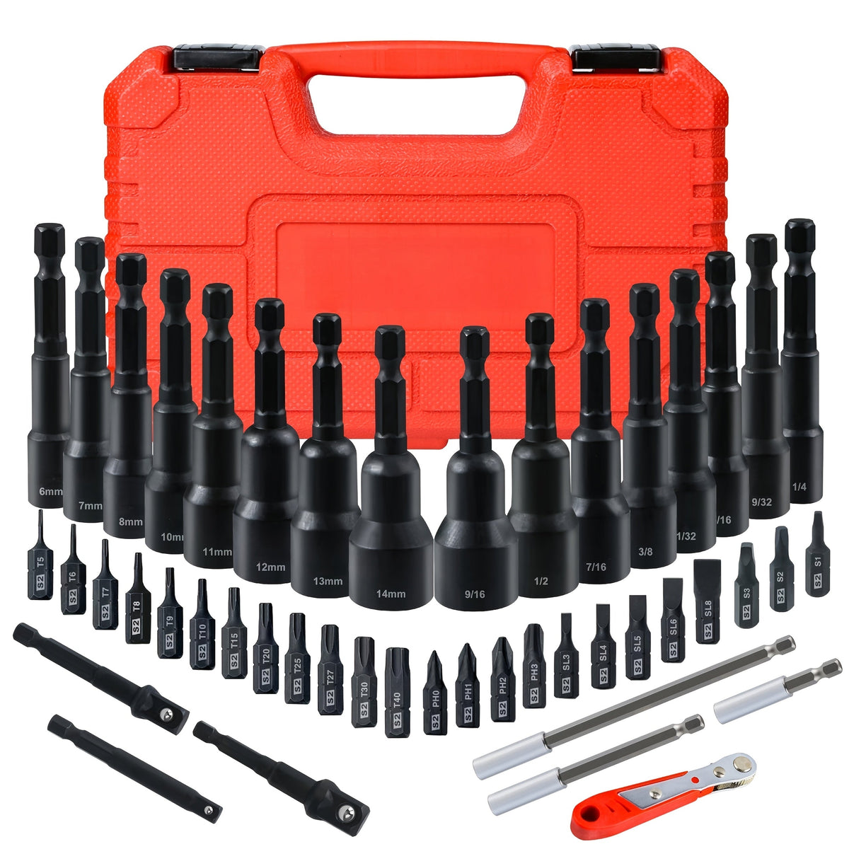 Magnetic Nut Driver Set 47pcs - Magnetic Screwdriver Bits & Socket Set, SAE 1/4"-9/16" & Metric 6-14mm