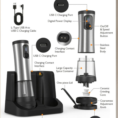 Electric Salt and Pepper Grinder Set Rechargeable USB Large Capacity with Base Automatic Adjustable Coarseness LED Display Kitchen Gift Silver Black