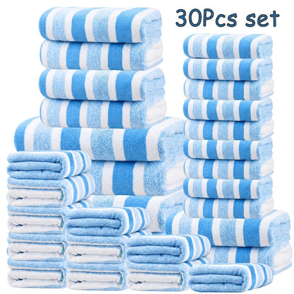 Thirty-Piece Striped Bath Towel Set with Bath, Hand and Washcloth Sizes in Ten Color Checkouts