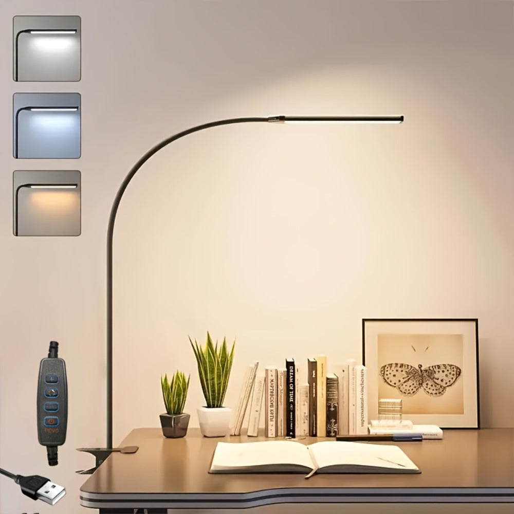 Clip-On LED Desk Lamp with 38cm Light Bar, 40cm Gooseneck, USB Inline Controller and Three Light Colors