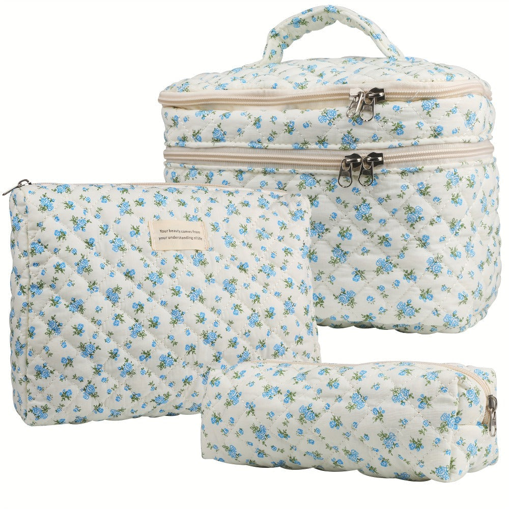 Makeup Bag – Set 3 PCS Quilted Cotton Dual Layer Large Capacity Floral Coquette Aesthetic Travel Cosmetic Bag Women Toiletry Organizer…