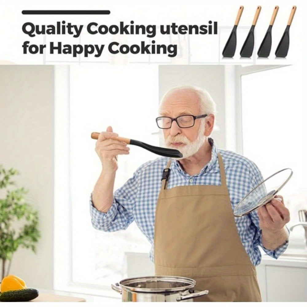 Silicone Kitchen Utensil Set 2/4 Pcs – 12-Inch Wood Handle Cooking Tools with Stay-Cool Grip for Frying, Baking, Mixing & Serving, Non-Stick Cookware Safe Spatula & Spoon Kit