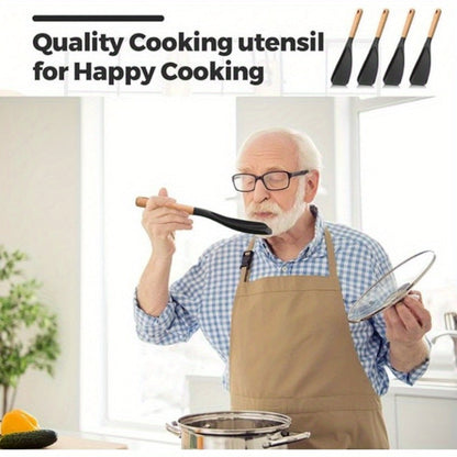 Silicone Kitchen Utensil Set 2/4 Pcs – 12-Inch Wood Handle Cooking Tools with Stay-Cool Grip for Frying, Baking, Mixing & Serving, Non-Stick Cookware Safe Spatula & Spoon Kit