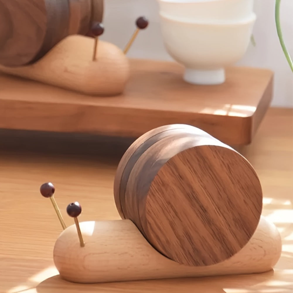 Snail-Shaped Wooden Desk Coaster with Round Walnut-Look Pad and Natural Wood Holder, One-Piece Option