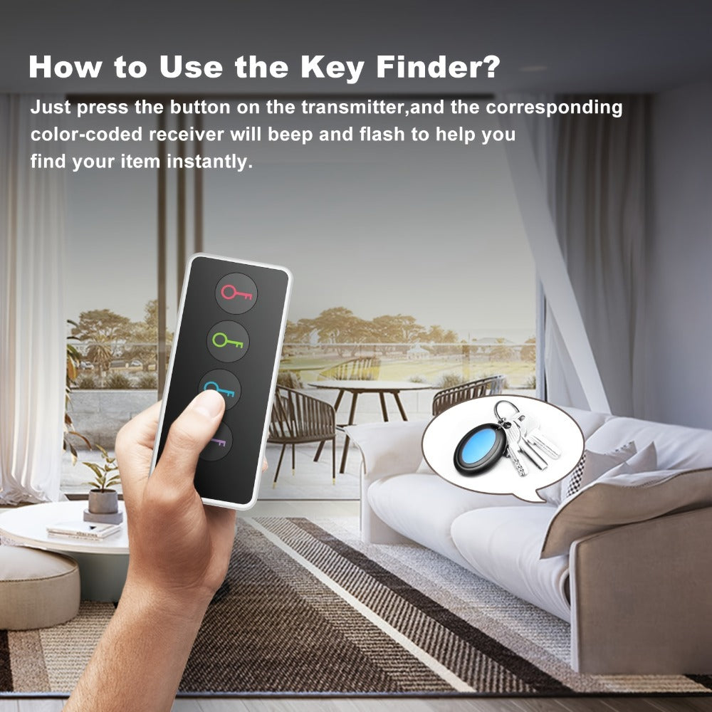 RF Key Finder 4 Receivers No App Required – Wireless Item Locator 131ft Range with LED Flashlight, Easy for Seniors, Find Keys Phones Wallets TV Remotes, Batteries Included