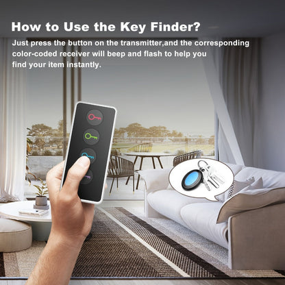 RF Key Finder 4 Receivers No App Required – Wireless Item Locator 131ft Range with LED Flashlight, Easy for Seniors, Find Keys Phones Wallets TV Remotes, Batteries Included