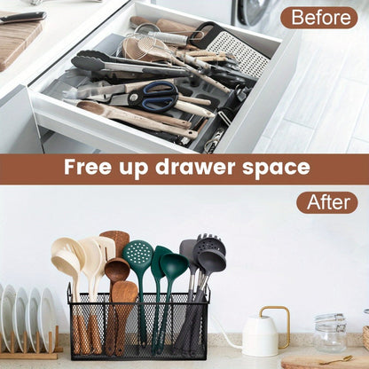Utensil Kitchen Organizer with Four Mesh Compartments and Removable Diatomaceous Earth Base Insert
