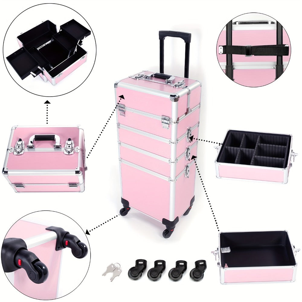 Four-in-One Rolling Makeup Case with Aluminum Frame, Swivel Wheels and Black, Pink or Silver Options