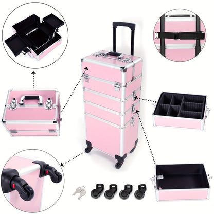 Four-in-One Rolling Makeup Case with Aluminum Frame, Swivel Wheels and Black, Pink or Silver Options