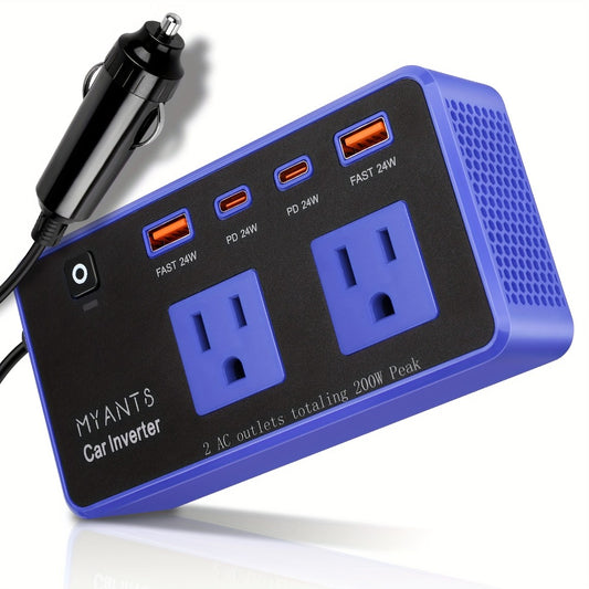 200W Car Power Inverter DC 12V to 110V AC with PD 24W USB-C Port, Dual USB & QC3.0 Fast Charging, Multi-Protection Car Charger Adapter for Vehicles Trucks RVs, Blue