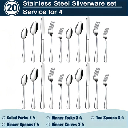 Stainless Steel Silverware Set 20 or 60 Piece – Heavy Duty Commercial Grade, Dishwasher Safe, Rust-Proof & Non-Toxic Bulk Kitchen Tableware with Gift Box for Restaurant, Wedding & Home