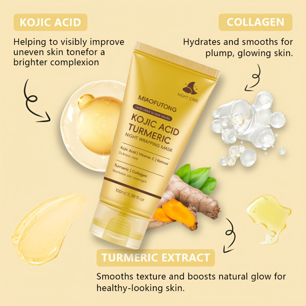 Kojic Acid Turmeric Face Mask with Vitamin C — Brightening Peeling Mask for Dark Spots, Deep Cleansing, Oil Control & Glowing Skin, Alcohol-Free, All Skin Types, 100ml with Brush