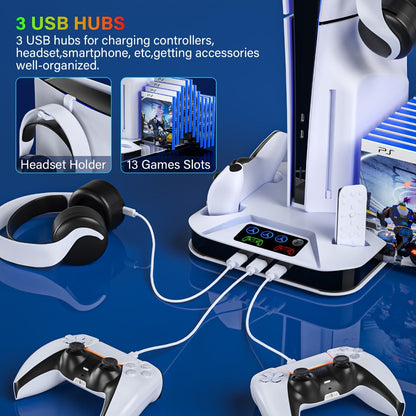 PS5 Cooling Station with USB Hub & Dual Controller Charging Dock for PS5/Slim/Pro, PlayStation 5 Stand Cooler with 3 USB Hubs