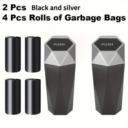 Diamond-Pattern Mini Car Trash Can Pair with Four Bag Rolls, Push Lids and Four Color Choices