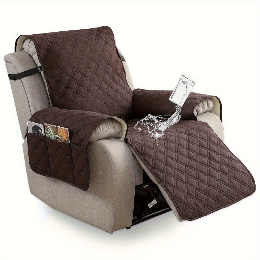 Quilted One-Piece Recliner Chair Cover with Side Pockets, Back Buckle Strap and 11 Color Options