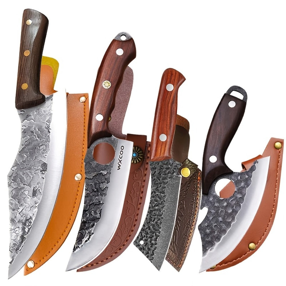 Viking Chef Knife Set 3/4pcs Hammered Stainless Steel Kitchen Knives – Boning, Utility & BBQ Knife with Wooden Handle for Cooking, Camping & Outdoor