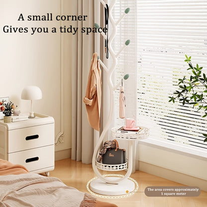 Freestanding Coat Tree with Branching Hooks, Circular Lower Shelf and White, Black or Golden Finish