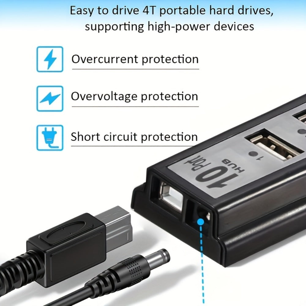 Black 10-Port USB 2.0 Hub with USB-A Host Cable, Numbered Ports and DC Power Input for Desktop Expansion