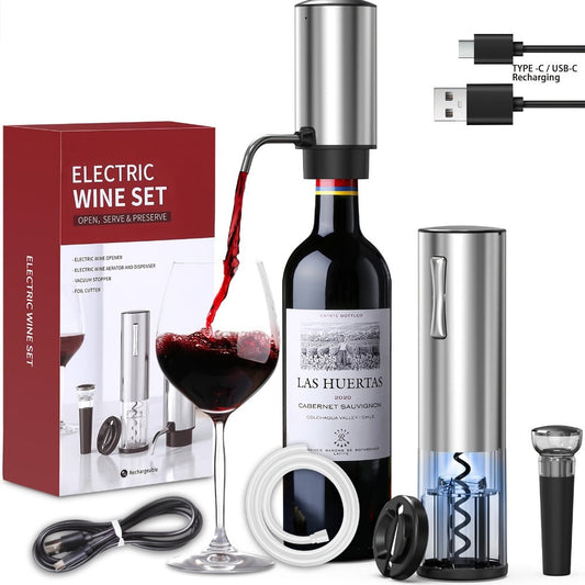 Electric Wine Opener Set – Rechargeable Automatic Corkscrew with Wine Aerator Dispenser, Vacuum Stopper & Foil Cutter for Any Occasion Gift