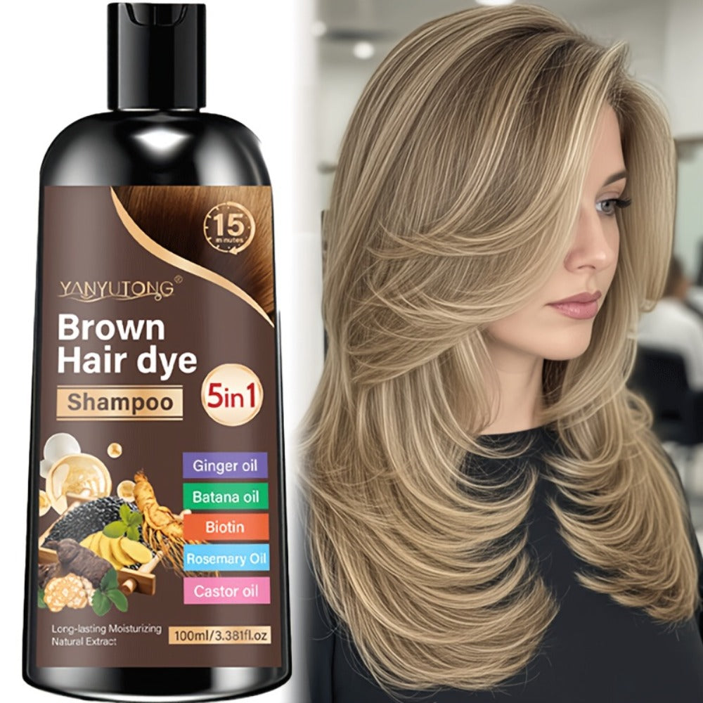 Gray Coverage Hair Dye Shampoo 5-in-1 with Ginger Oil Biotin Rosemary Castor Oil | Gentle Color Shampoo for Black Brown Chestnut Brown | No Mix Quick Application Men & Women