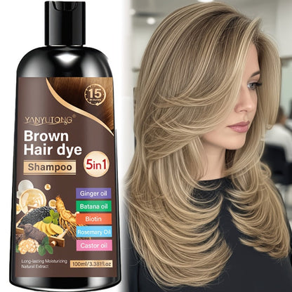 Gray Coverage Hair Dye Shampoo 5-in-1 with Ginger Oil Biotin Rosemary Castor Oil | Gentle Color Shampoo for Black Brown Chestnut Brown | No Mix Quick Application Men & Women