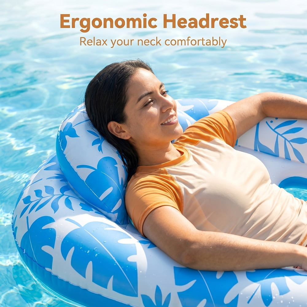 Blue-and-White Inflatable Pool Lounger with Backrest, Cup Holder and 77 x 50-Inch Pictured Size