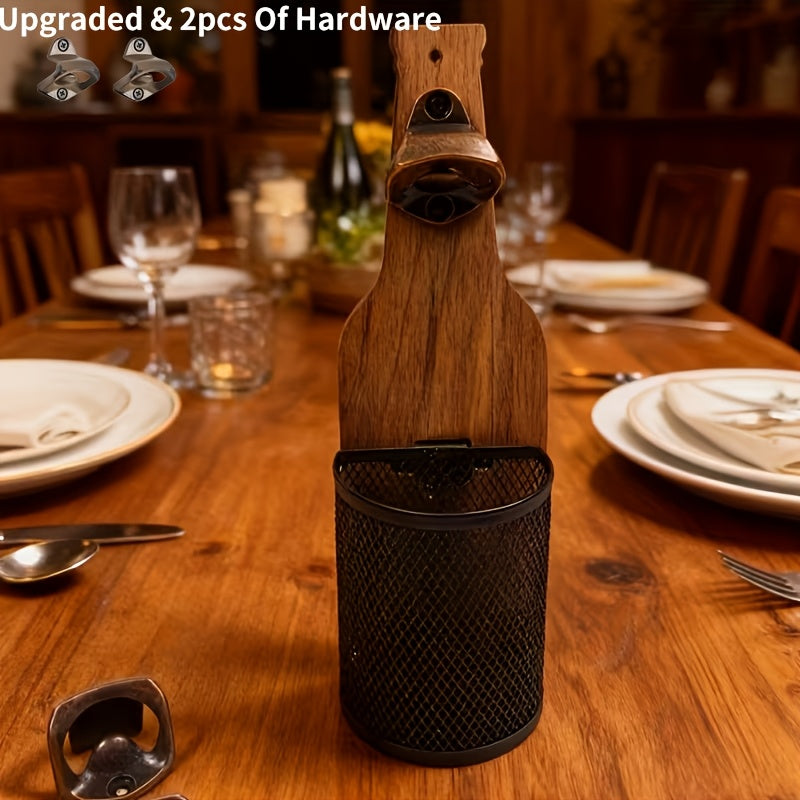 Wall-Mounted Bottle Opener with Rustic Wood-Look Backboard, Metal Cap Catcher Basket and Two-Piece Hardware Set