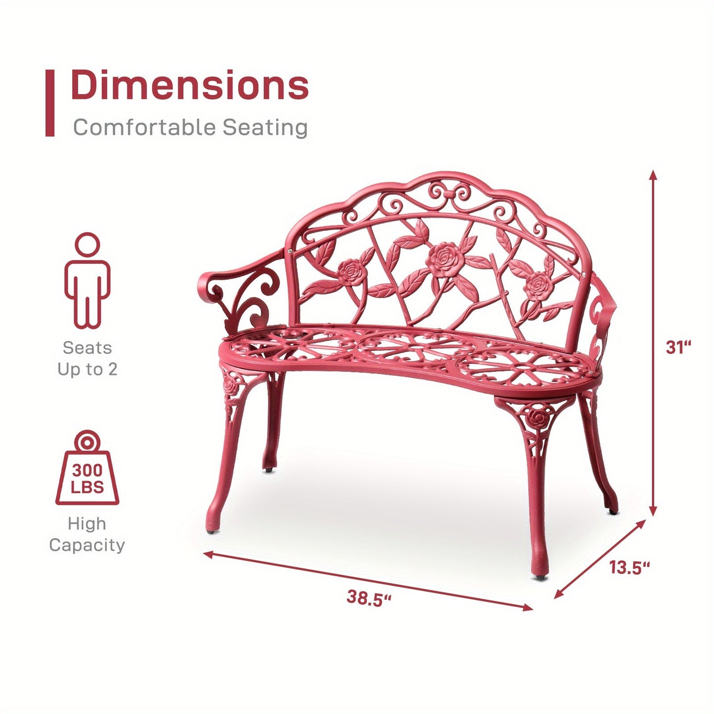 Floral Metal Outdoor Bench with 38.5in Rose-Pattern Seat and Back, Curved Arms and Four Color Options