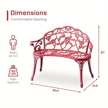 Floral Metal Outdoor Bench with 38.5in Rose-Pattern Seat and Back, Curved Arms and Four Color Options