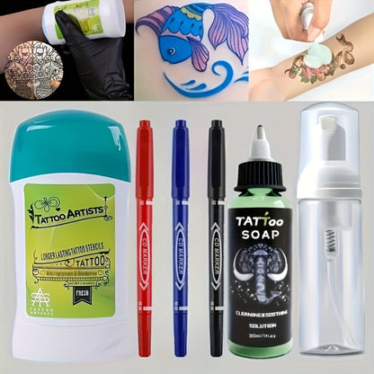 Tattoo Transfer Kit Complete Set with Ink Gel Green Soap Solution & Stencil Markers — Beginner & Professional Temporary Tattoo Art Supplies 6 Piece & 12 Piece Travel Friendly