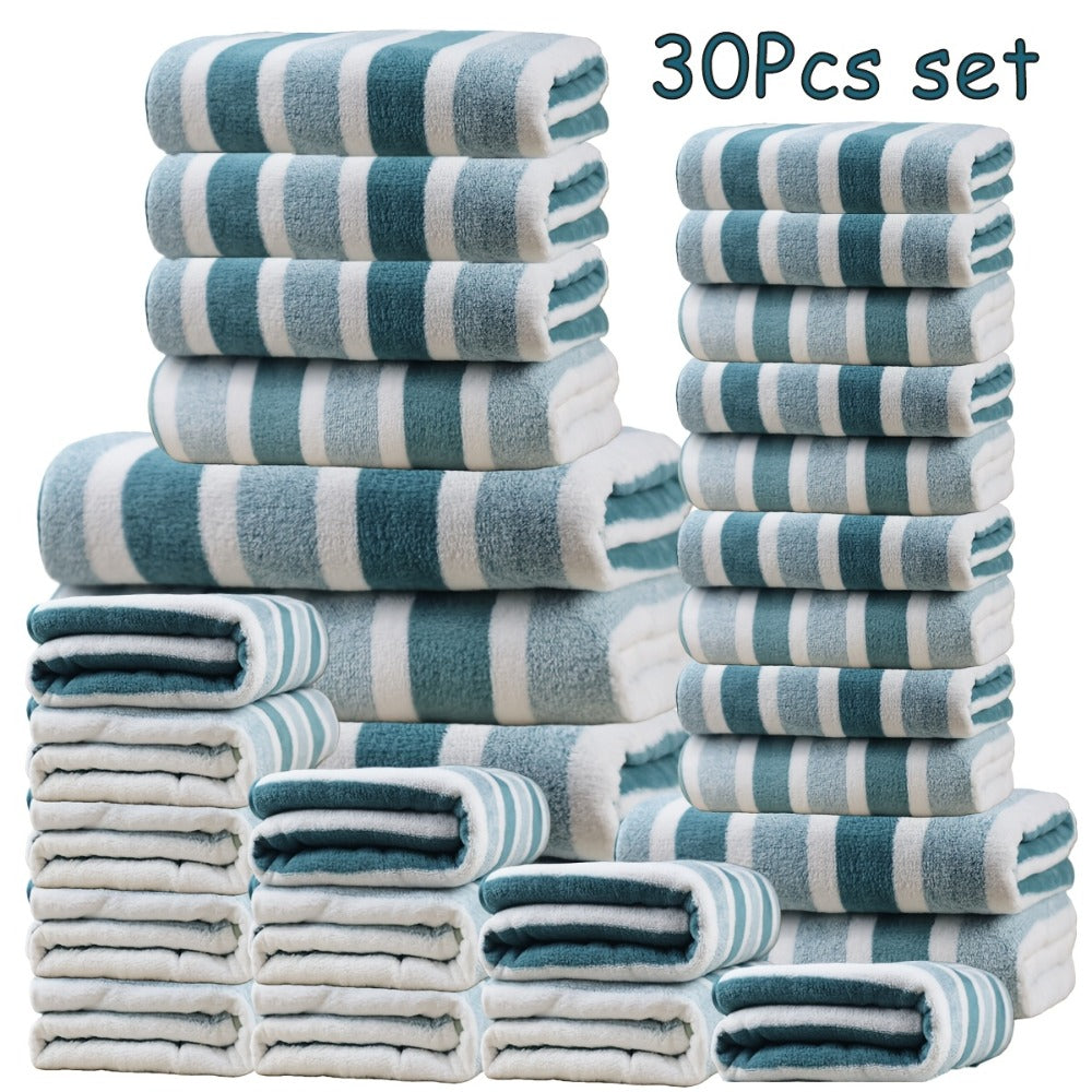 Thirty-Piece Striped Bath Towel Set with Bath, Hand and Washcloth Sizes in Ten Color Checkouts