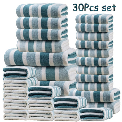 Thirty-Piece Striped Bath Towel Set with Bath, Hand and Washcloth Sizes in Ten Color Checkouts