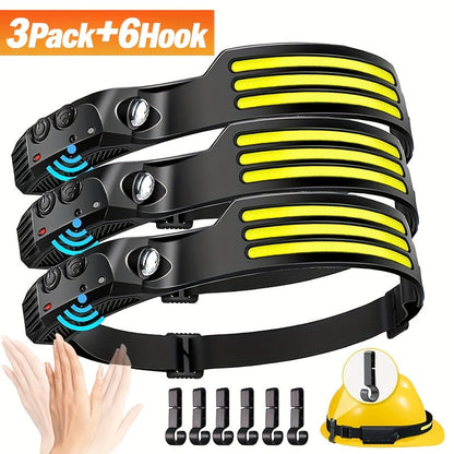 Three-Pack COB and LED Headlamps with 230° Beam, Five Modes, Motion Sensor and Six Hooks Included