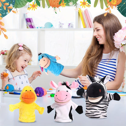 Four-Piece Animal Hand Puppet Set with Blue Donkey, Yellow Duck, Zebra and Pink Cow Designs