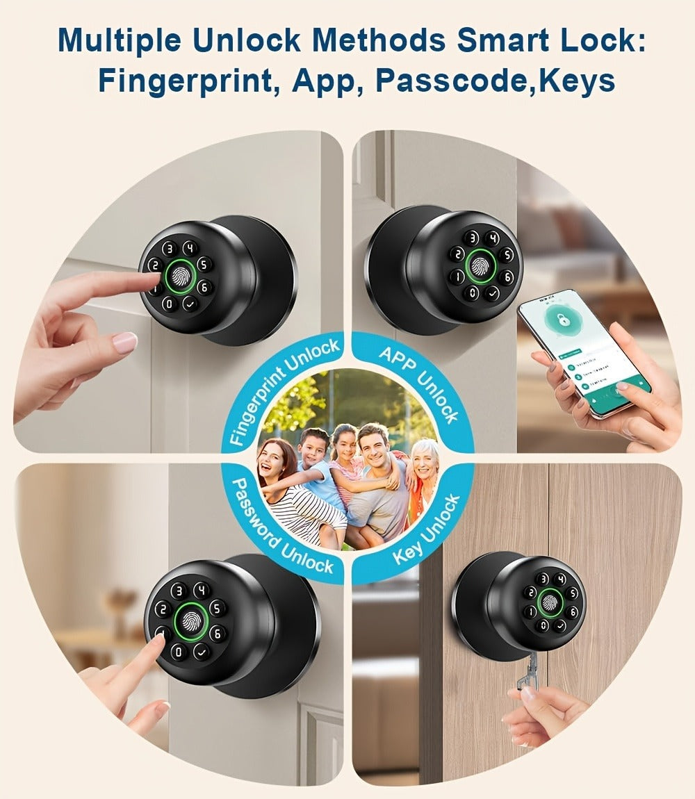 Matte Black Smart Door Knob Lock with Fingerprint & Keypad, App Control, Auto Lock, Keyless Entry Biometric Door Knob for Bedroom Home Office Interior Door, Easy DIY Install
