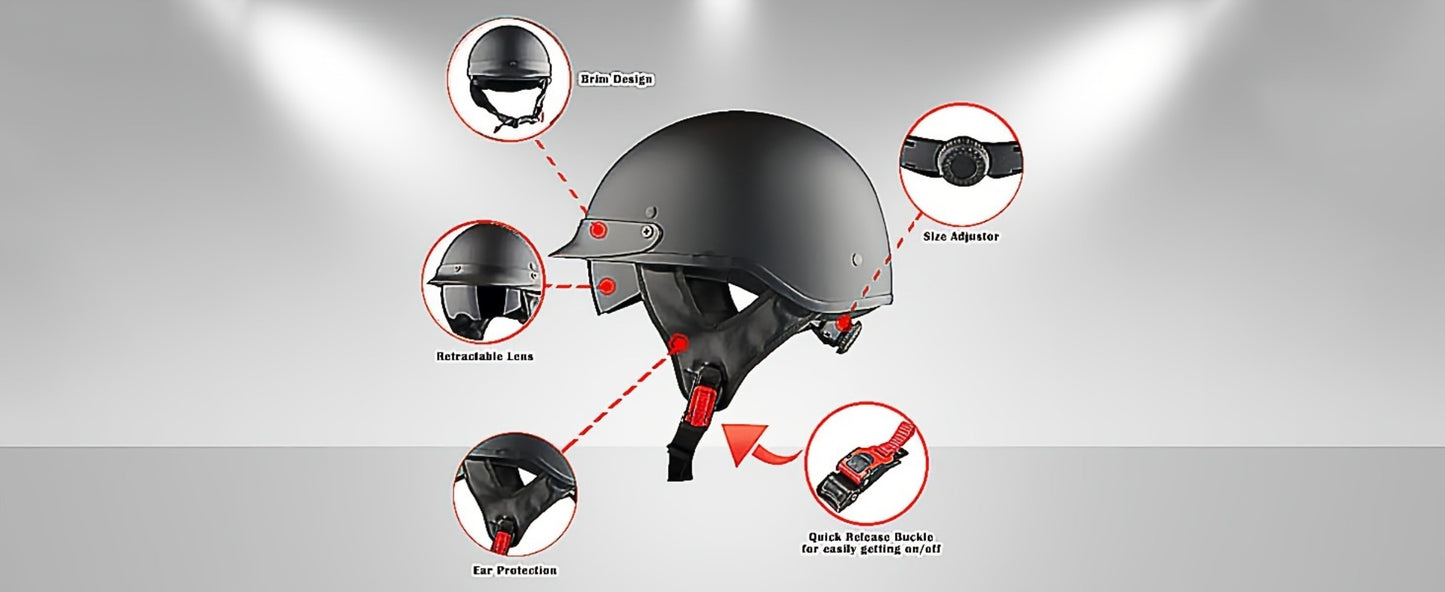 Motorcycle Half Face Helmet – Retractable Smoked Visor, Adjustable Inner Visor, Lightweight Aerodynamic Design, Goggle Compatible, Sizes S–XL