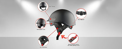 Motorcycle Half Face Helmet – Retractable Smoked Visor, Adjustable Inner Visor, Lightweight Aerodynamic Design, Goggle Compatible, Sizes S–XL