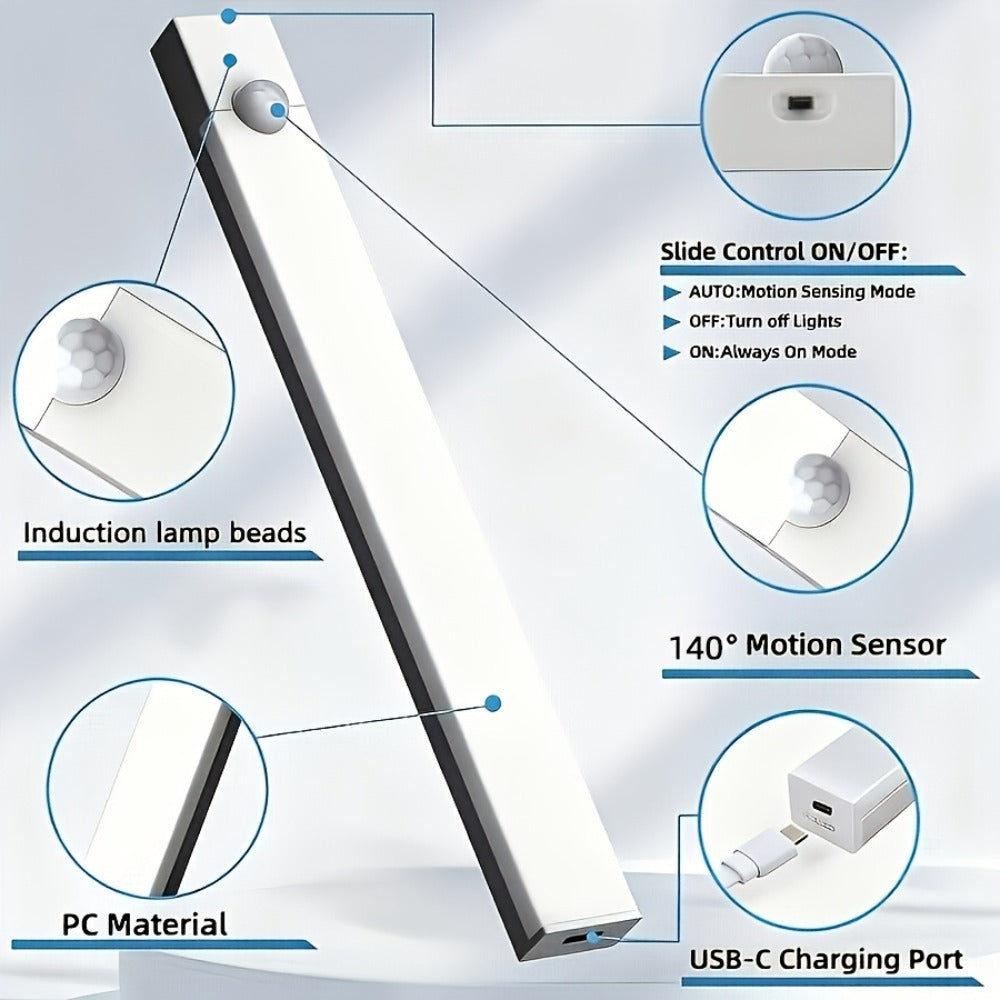 Night Light Motion Sensor LED Bar with USB Rechargeable 400mAh Battery, Three Brightness Levels and Six Size-Pack Options