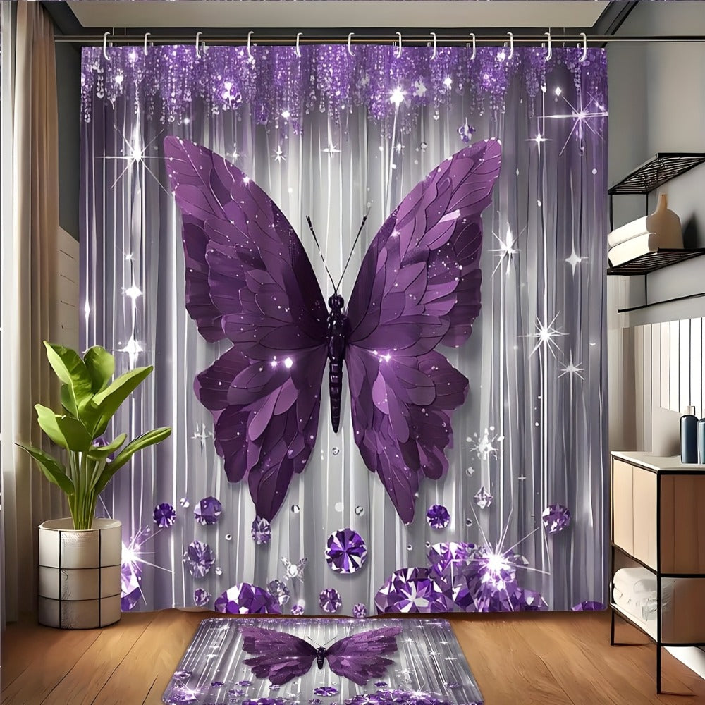 Shower Curtain Set Diamond Butterfly Print 70.8x70.8 Inch - 4 Piece Bathroom Set with U-Shape Toilet Seat Cover Non-Slip Rug 12 Hooks Machine Washable | Cyan Purple Pink | All Season Bathroom Decor