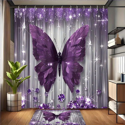 Shower Curtain Set Diamond Butterfly Print 70.8x70.8 Inch - 4 Piece Bathroom Set with U-Shape Toilet Seat Cover Non-Slip Rug 12 Hooks Machine Washable | Cyan Purple Pink | All Season Bathroom Decor