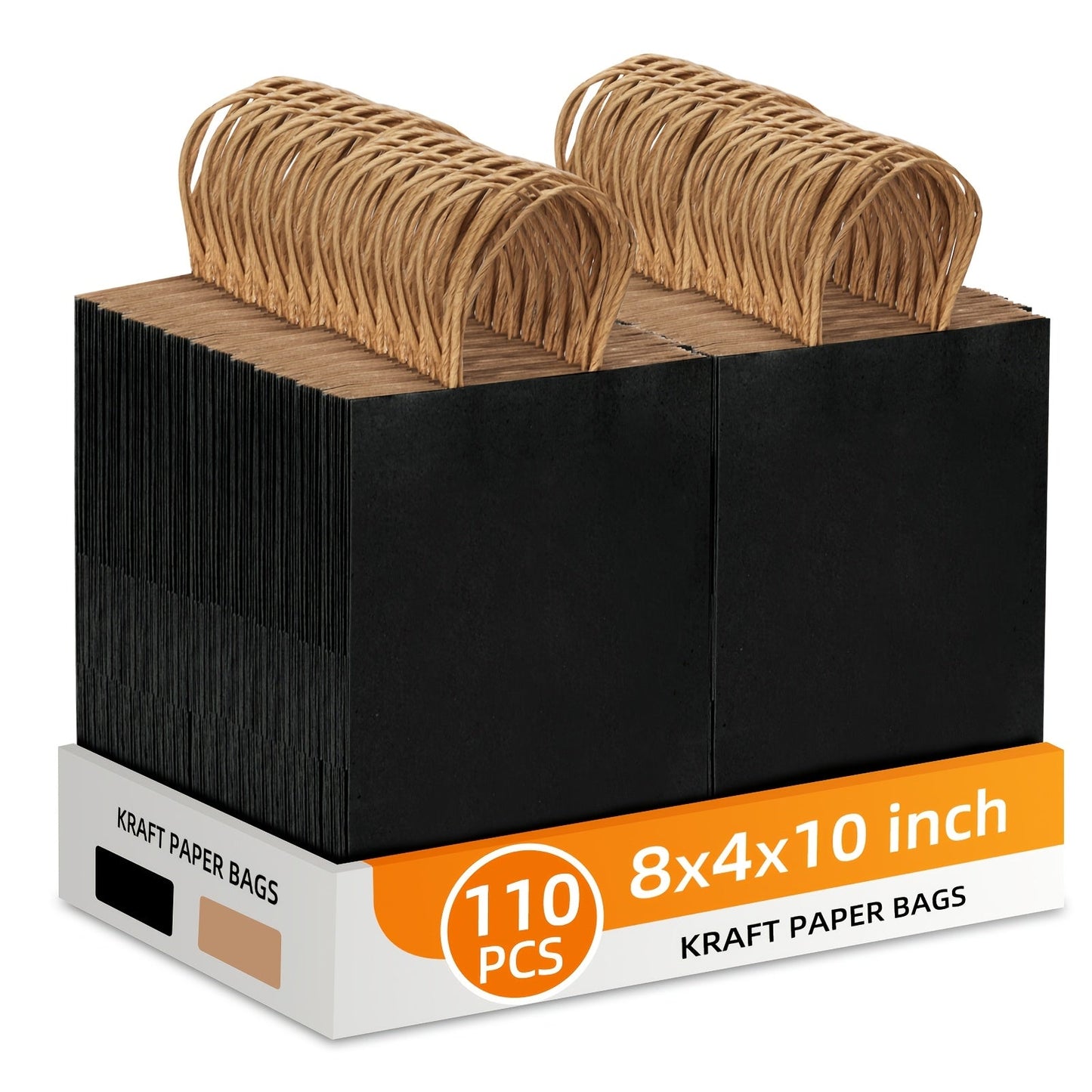 One Hundred Ten Black Kraft Paper Gift Bags with Handles, 8 x 4 x 10 Inch Bulk Retail Pack