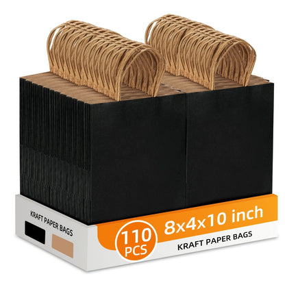 One Hundred Ten Black Kraft Paper Gift Bags with Handles, 8 x 4 x 10 Inch Bulk Retail Pack