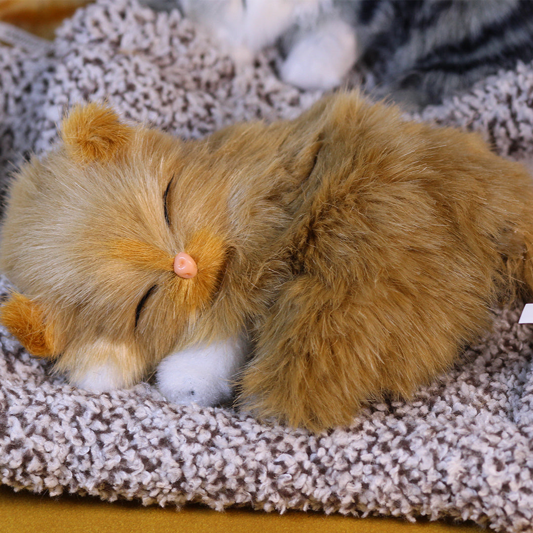 Stuffed Cat Plush Toy Realistic Sleeping Kitten with Meow Sound Soft Faux Fur Simulation Cat Doll Desk Decor Birthday Christmas Gift for Kids Cat Lovers